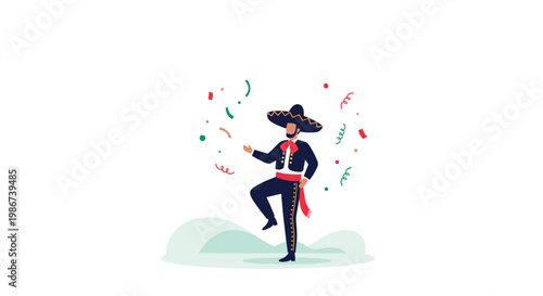 Mexican mariachi dancer wearing a traditional black suit and large sombrero hat celebrating with colorful confetti in a joyful dance.