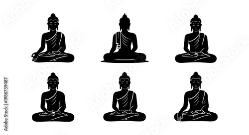 Zen Buddha silhouette collection, 6 black meditation icons in vector format, spiritual yoga and mindfulness symbols for wellness branding