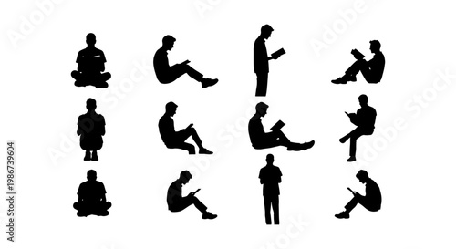 Black silhouette collection of people reading books, set of 12 human figures in sitting and standing poses, diverse readers studying and learning