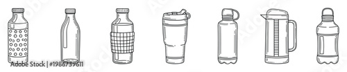 Collection of versatile reusable drink bottles and water containers in various shapes perfect for hydration awareness campaigns and eco friendly product advertising.
