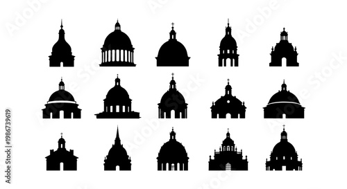 Historical dome silhouettes set, 15 architectural cathedral and basilica roof icons, black building cupola vector elements for city skyline design