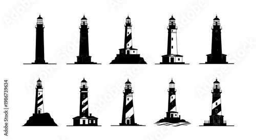 Minimalist lighthouse silhouette icons, set of 10 nautical beacon vector illustrations, black and white maritime tower symbols for coastal branding