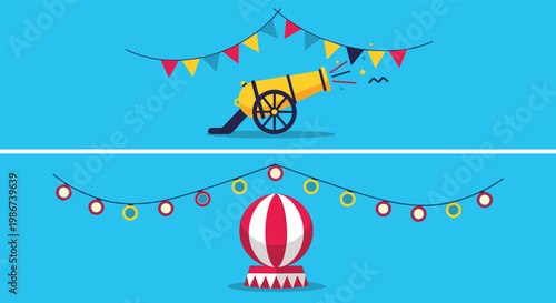 Circus theme banner featuring a classic golden cannon and a red and white balancing ball with festive bunting flags on blue background.