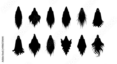 Spooky ghost silhouette collection, 12 creepy phantom vector elements, black haunted spirit icons for Halloween design and horror graphics