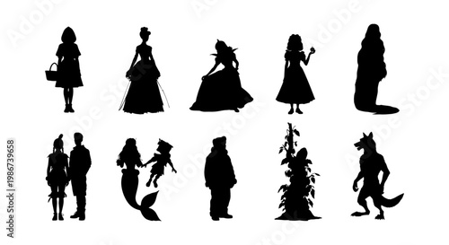 Fairytale character silhouettes collection, black vector set of 10 fantasy icons, mythical storybook figures and princess shapes for storytelling