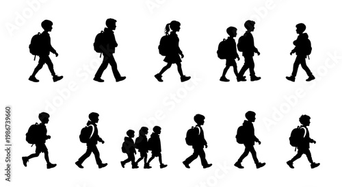 School children silhouettes with backpacks walking to class, set of student figures in profile, black vector icons of kids going to school