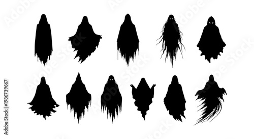 Spooky ghost silhouette collection, 11 scary phantom vector elements, black haunted spirit icons for Halloween design and horror projects