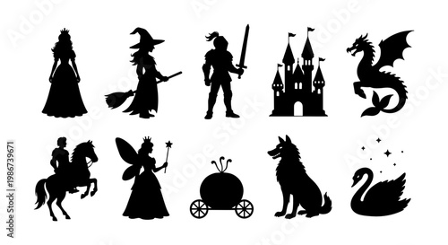 Fairytale silhouette collection with 10 fantasy icons, medieval knight and princess character set, magic castle and dragon vector elements
