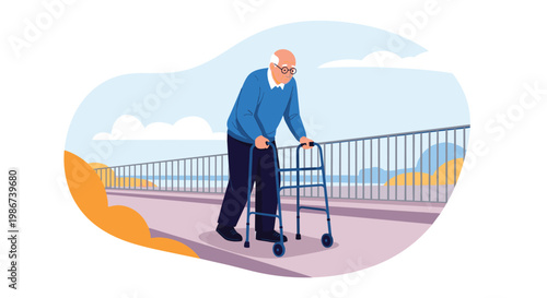 Elderly man with glasses using a blue mobility walker while walking along a scenic outdoor path with a fence and water in the background.