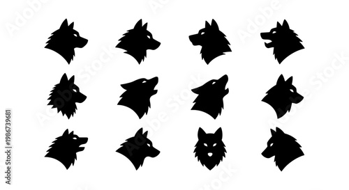 Wolf head silhouette vector set, 12 black wolf profile icons, howling and growling wild animal head collection for logo design and branding