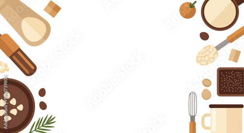 A minimalist vector depicts baking supplies and kitchen tools arranged on both sides, creating a clean frame around a central white background.