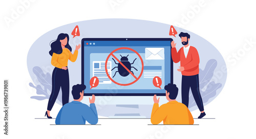 Group of people looking at a large computer screen showing a bug error message with warning signs in a modern office tech support scene.