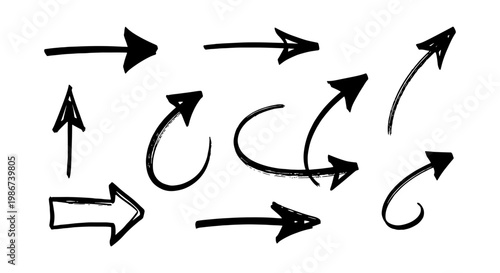 Hand drawn arrow set in black ink, sketchy doodle arrows collection, decorative pointer symbols for infographics and presentations, vector set