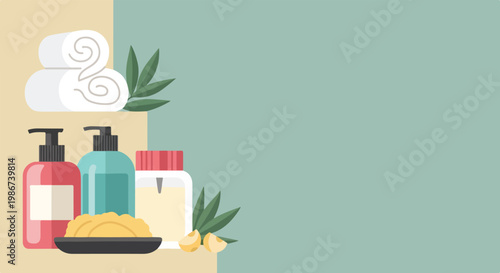 A stylish illustration featuring spa essentials like towels, skincare bottles, and natural elements on a serene, minimalist background.