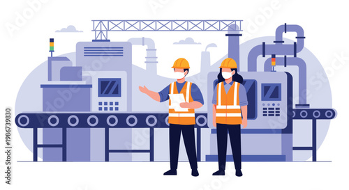 Industrial workers wearing safety gear and face masks standing in front of a factory conveyor belt and heavy machinery in a workspace.