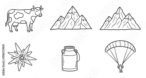 Hand drawn vector icons representing traditional alpine lifestyle, mountain nature and adventure sports, perfect for travel brochures, themed websites or educational resources