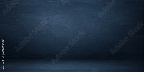 Empty dark blue grunge interior featuring a vintage textured wall with a dirty black paper pattern on an old blank metal surface backdrop