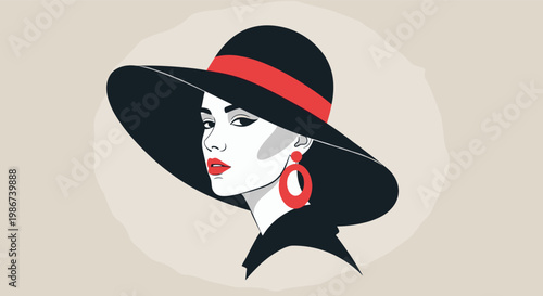 Elegant woman wearing a large black wide brim hat and bright red earrings and red lipstick in a sophisticated classic fashion portrait.