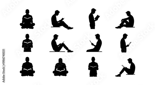 Black silhouettes of people reading books and using tablets, set of 12 human figures in sitting and standing poses, minimalist reader vector icons