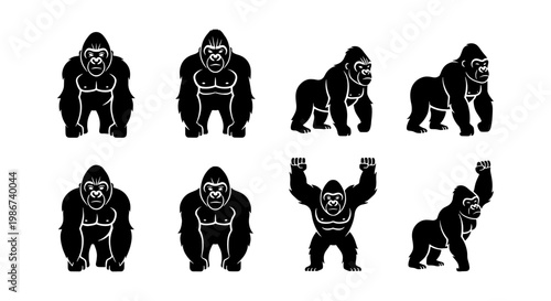 Gorilla silhouette vector set, black ape mascot icons in various poses, 8 primate illustrations for sports logos and gym branding