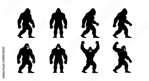 Bigfoot silhouette vector set, 8 mythical sasquatch character icons, black yeti and ape man poses, cryptozoology creature collection for outdoor branding