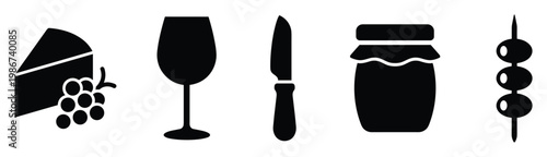 Food and drink icons including cheese grapes wine glass knife jam jar and olive skewer useful for menu design snack bar signage or catering service branding