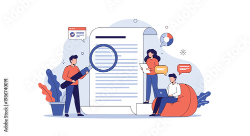 Business team analyzing a large document with a magnifying glass for details and data while working in a modern office environment.