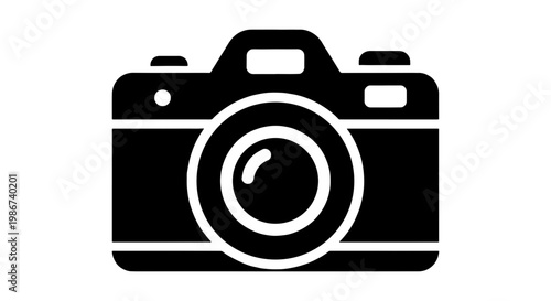 Minimalist digital camera icon vector, black silhouette of a professional DSLR camera, modern photography symbol for web and app design