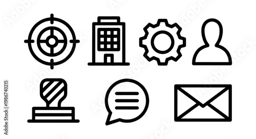 Minimalist business line icons set, professional corporate web elements, black outline office symbols including target and gear, 7 vector icons