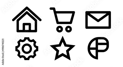 Minimalist black line web icons set, 6 essential user interface symbols, modern outline navigation elements for website and mobile app design