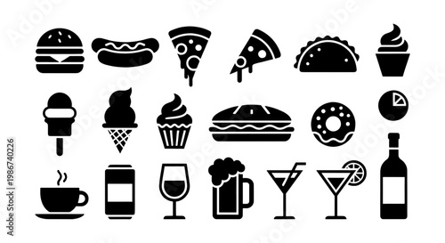Fast food and drink icons set, 18 black solid vector elements, restaurant menu symbols with burger pizza and cocktails, junk food snack graphics