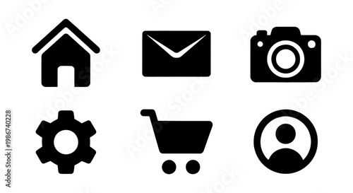 Minimalist black web icon set, collection of 6 flat vector interface symbols, home mail camera gear shopping cart and user profile buttons