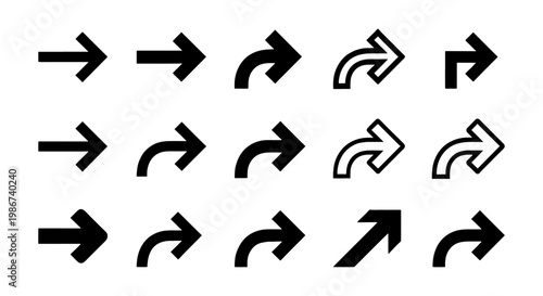 Minimalist black arrow icon set, collection of 15 directional vector symbols, simple navigation pointers for web and app interface design