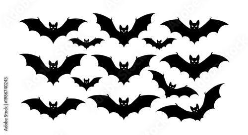 Spooky Halloween bat silhouettes collection, black flying bat icons set of 12 vector elements, creepy nocturnal animal shapes for gothic party decor