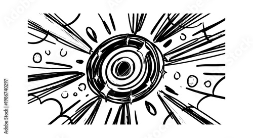 Comic style speed lines with central circular impact, black and white manga action effect, hand-drawn motion burst vector for dynamic storytelling