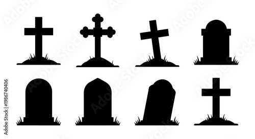Gothic gravestone silhouettes set, 8 spooky cemetery tombstone icons, black graveyard headstone vector elements for Halloween design