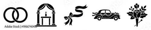 Wedding celebration icons set featuring rings arch ribbon decorated car and floral arrangements ideal for event invitations or marriage ceremony decoration projects