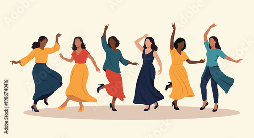 Group of diverse women dancing together in vibrant colorful dresses expressing joy and freedom on a neutral background.