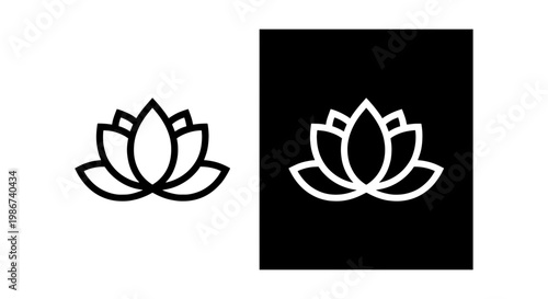 Minimalist lotus flower logo icons, black and white floral vector symbols, zen lily blossom line art for yoga and wellness branding