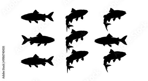 Black fish silhouette collection, set of 9 trout and salmon vector icons, aquatic animal shapes for fishing and nature design