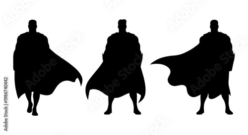Superhero silhouette vector set, heroic man in cape standing poses, black comic book character outlines isolated on white background