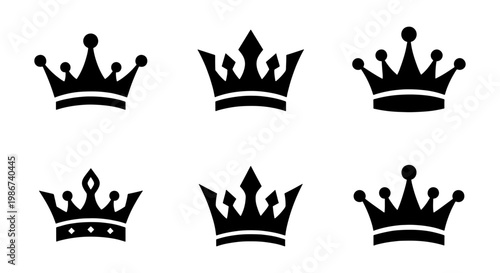 Royal crown icon set, black silhouette king and queen crowns, collection of 6 vector coronets for luxury branding and heraldry design