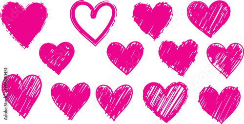 Set of Hand-Drawn Pink Heart Sketches and Doodles