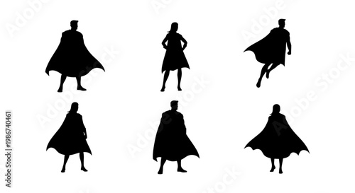 Superhero silhouette collection with 6 male and female characters, heroic caped crusader silhouettes in powerful poses, comic book hero vector set