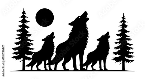 Howling wolf pack silhouette in forest, wild wolves howling at full moon, black animal vector graphics for outdoor adventure and wilderness design