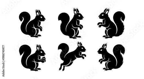 Black squirrel silhouette collection, set of 6 forest animal vector icons, minimalist wildlife rodent graphics for nature branding and logo design