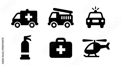 Emergency services icon set, black silhouette 911 rescue vehicle symbols, ambulance and fire truck illustrations, first aid and police car vectors