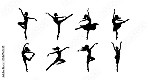 Graceful ballerina silhouettes set, 8 vector ballet dancer icons in various poses, elegant female performers in motion for dance studio branding