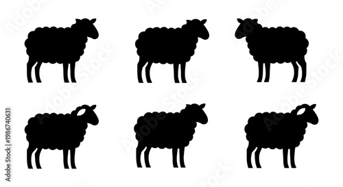 Black sheep silhouette collection, set of 6 farm animal vector icons, woolly lamb profiles for agriculture and livestock branding