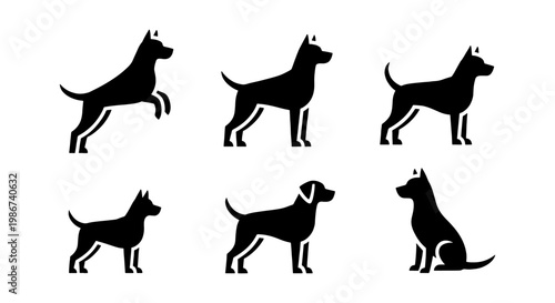 Minimalist dog silhouette collection, set of 6 black canine icons in various poses, modern pet animal vector graphics for branding and logos